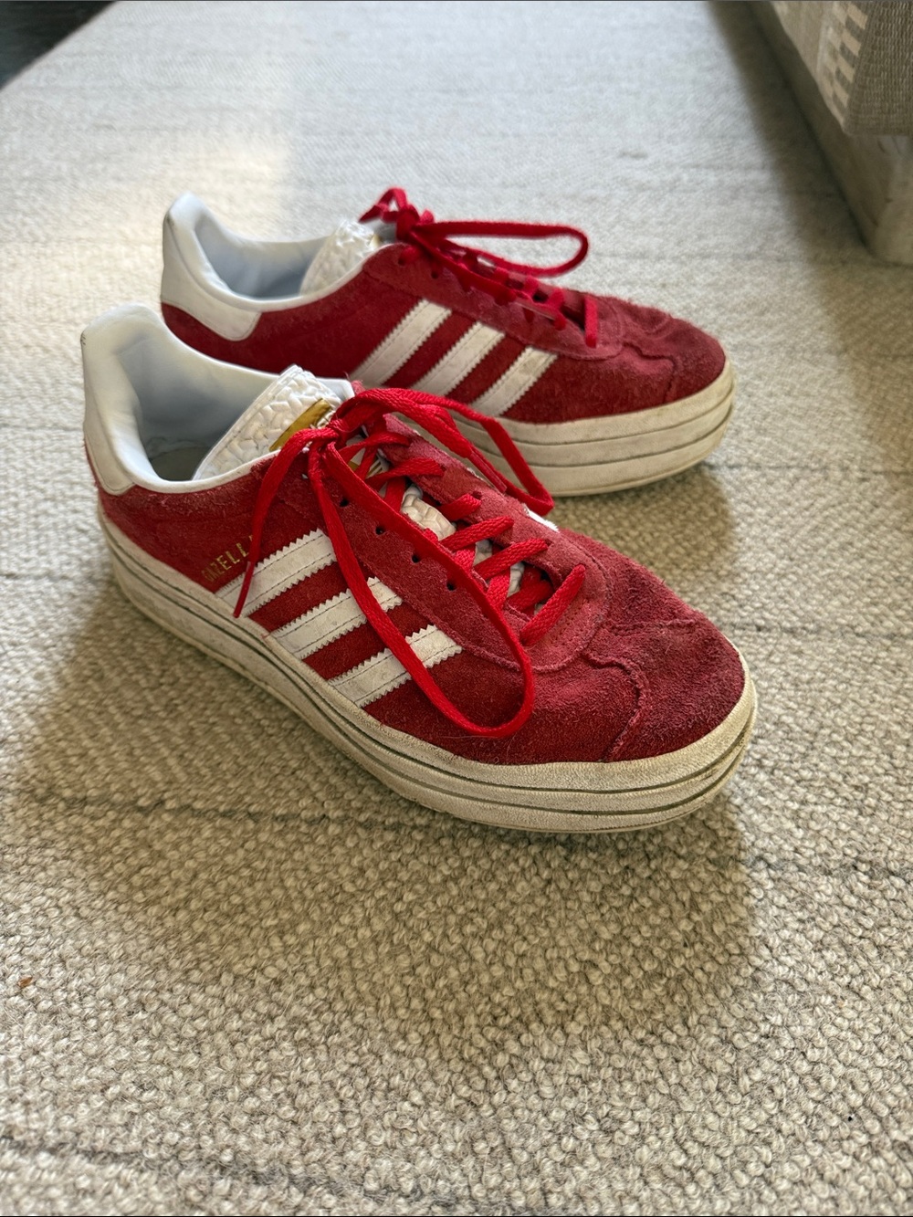 adidas Red Suede Platform Sneakers with White Stripes